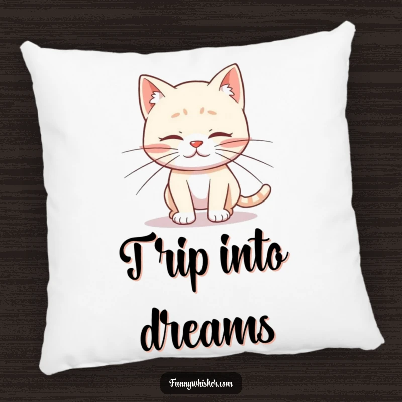 Funny pillow featuring a cat character with comically long whiskers tripping over its own feet, offering soft comfort and a dose of feline humor.
