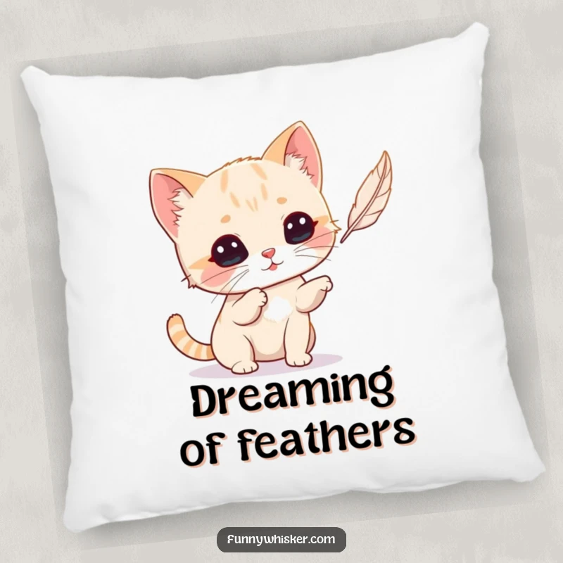 Funny Cat Pillow: A small cat with huge, detailed whiskers playfully swats at a feather, a soft humorous accent.