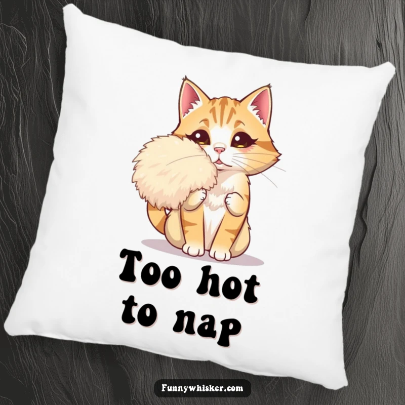 Funny pillow featuring a dramatic cat fanning itself with a giant whisker, offering glamorous and humorous comfort, a delightful decor item.