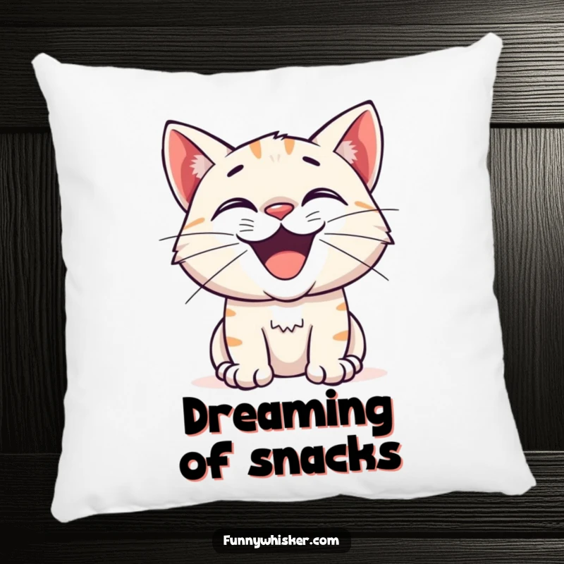 Funny pillow featuring a cat with a huge excited grin and twitching whiskers, offering comfort and a humorous touch of curiosity.