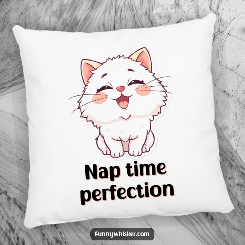 Funny pillow with a fluffy cat character, oversized whiskers comically wiggling with pure, infectious delight, perfect for cozy humor.