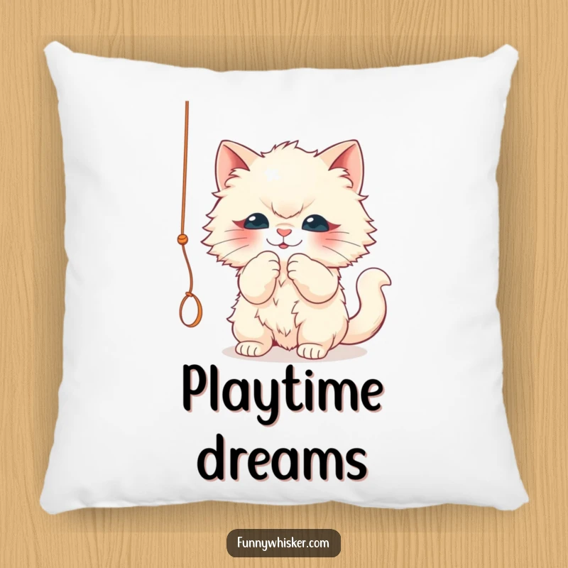 Funny decorative pillow featuring a fluffy cat character playfully batting a dangling string. Soft and humorous, an ideal funny gift.