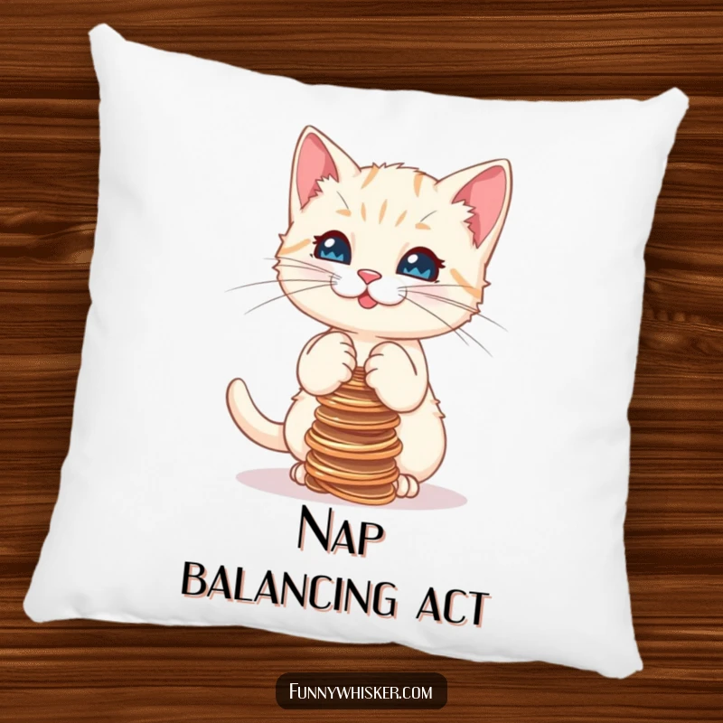 Funny pillow displaying a cute kitten focused on balancing a precarious stack of strings, adding a touch of whimsy to any room.