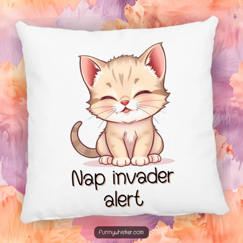 Funny pillow showcasing a cute kitten using its whiskers to tickle another cat, adding a touch of humor and softness.