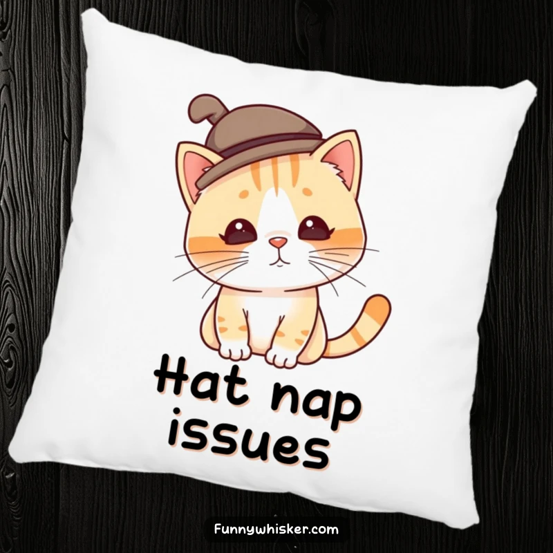 Funny cat pillow depicting a character in a silly hat, tilting due to twitching whiskers, offering soft, humorous comfort for your home.
