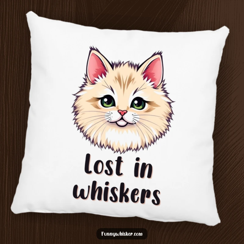 Funny pillow: A tiny cat face peeking through a large, fluffy whisker tuft, offering comfort and a humorous surprise, a funny gift.