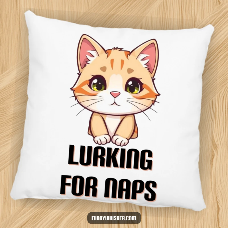 Funny cat pillow with a curious character peeking from behind a large, fuzzy whisker, providing comfort and charm.