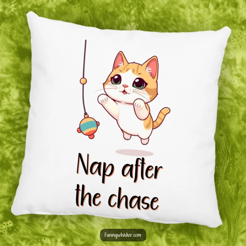 Funny Cat Pillow: A cat with exaggerated, twitching whiskers leaps for a dangling toy, a soft humorous accent.