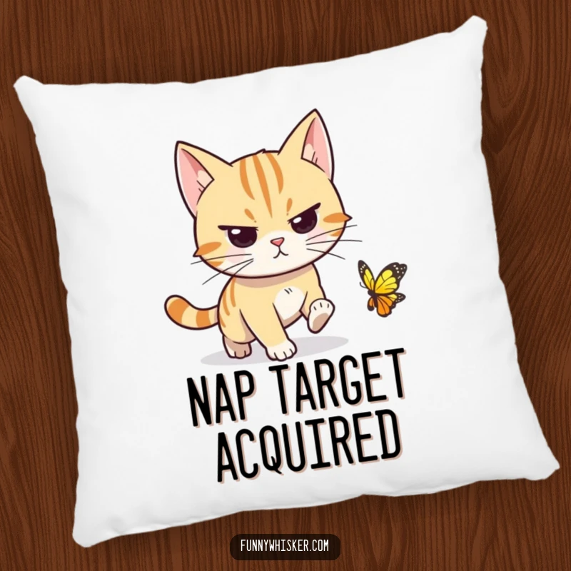 Funny cat pillow depicting a determined character, whiskers pointed forward, chasing a tiny butterfly, offering soft, humorous comfort.