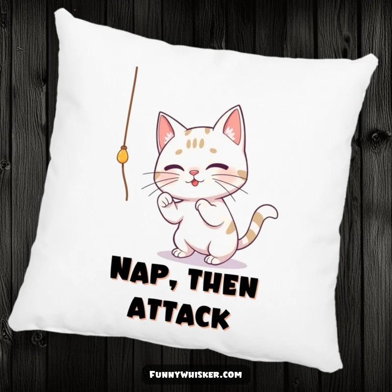 Funny pillow showing a cat with huge whiskers playfully batting at a dangling string, perfect for adding comfort and humor to seating.