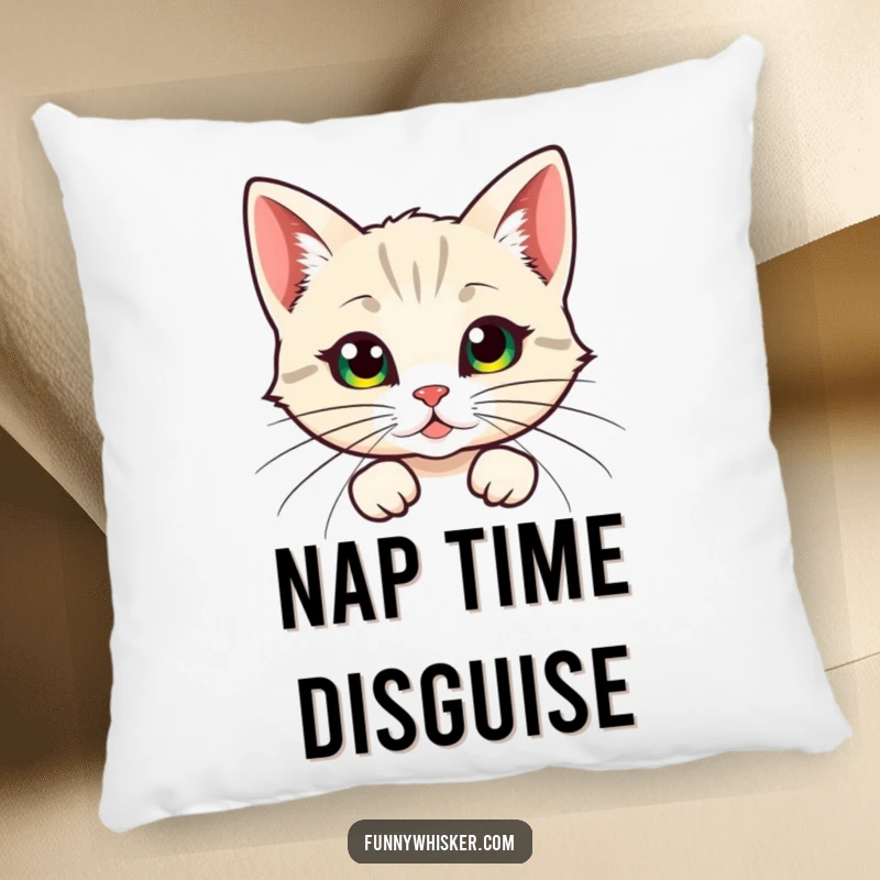 Funny pillow, a cat character humorously peeking from behind large, feathery whiskers, providing cozy comfort with a hint of playful intrigue.