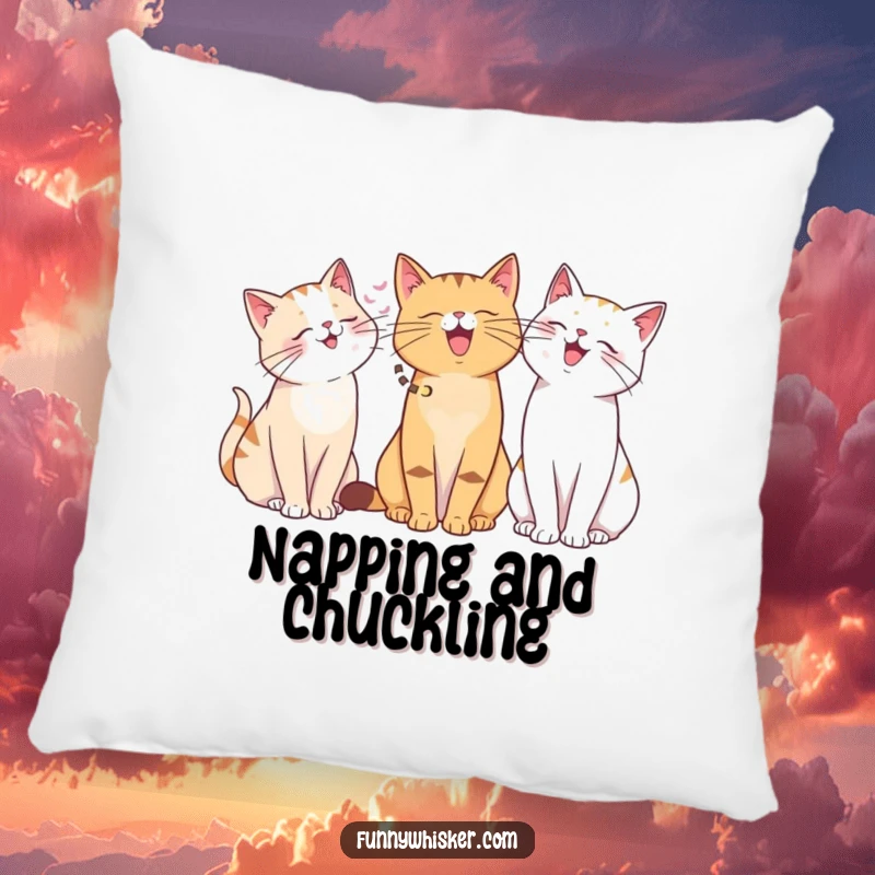 Funny decorative pillow with cats of various whisker lengths sharing a giggle. Soft and humorous, an ideal funny gift.