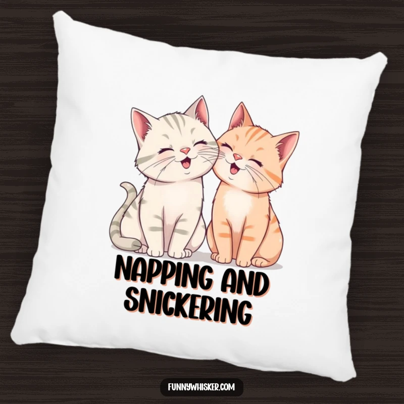 Funny pillow showing two cats with exaggerated whiskers leaning together, sharing a silent, hearty giggle, perfect for a cozy space.