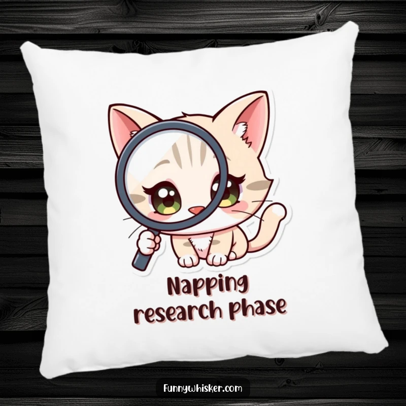 Funny Pillow: A soft pillow depicting a cat character with wide, curious eyes peering through a magnifying glass.