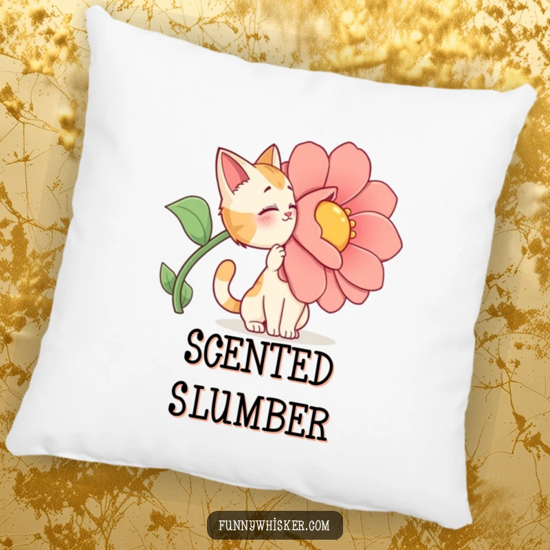 Funny Pillow: A soft pillow depicting a cat character dramatically sniffing a giant, cartoonish flower.