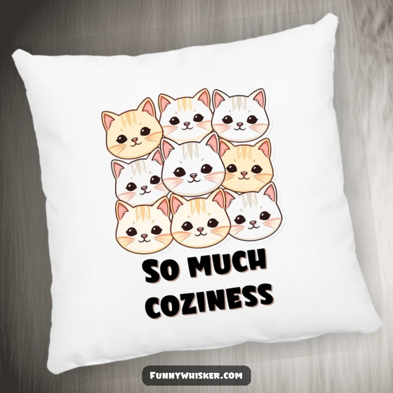 Funny pillow showcasing numerous small, round cat faces with vibrating whiskers, offering plush comfort and an abundance of cute humor.