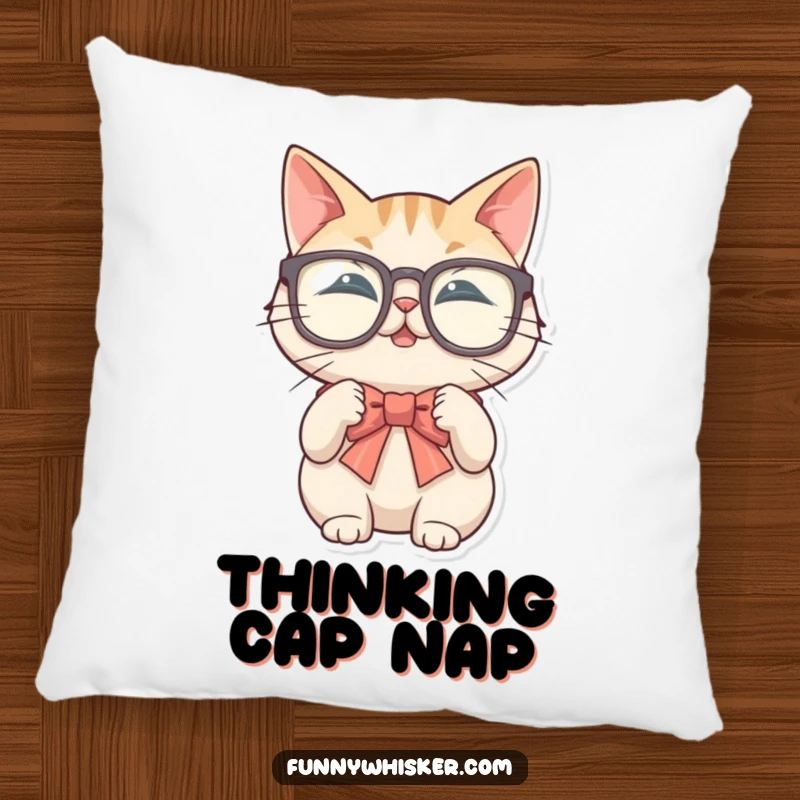 Funny pillow with a cat in large glasses attempting to tie a bow tie with its whiskers, plush and soft.