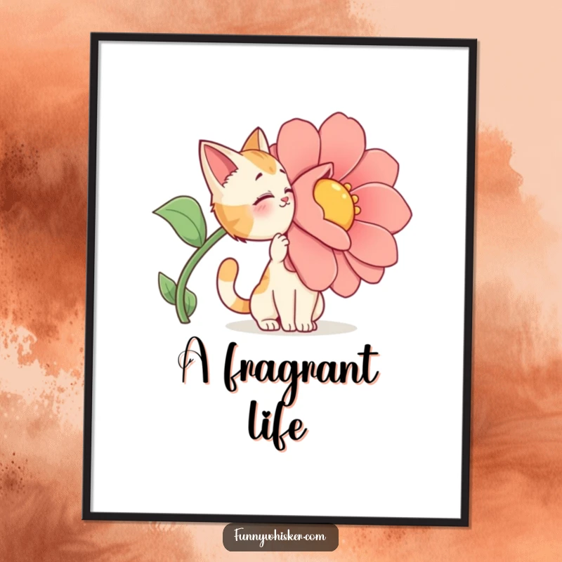 Funny Digital Art Print: A cat character dramatically sniffing a giant, cartoonish flower with intense focus.