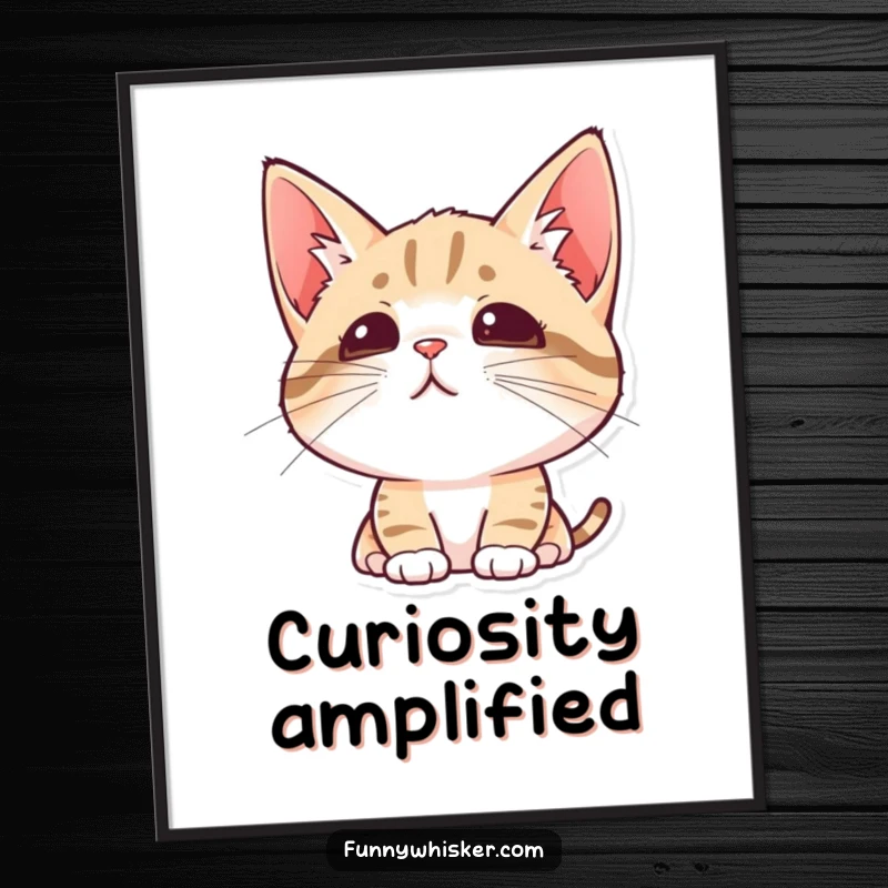 Funny digital art print of a cat with perked ears and twitching whiskers, captured in a moment of intense curiosity.