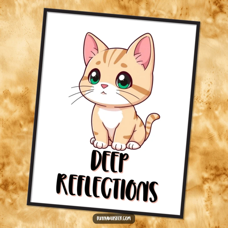 Funny cat digital art print of a character looking thoughtfully into the distance, whiskers drooping slightly, a humorous piece for contemplative decor.