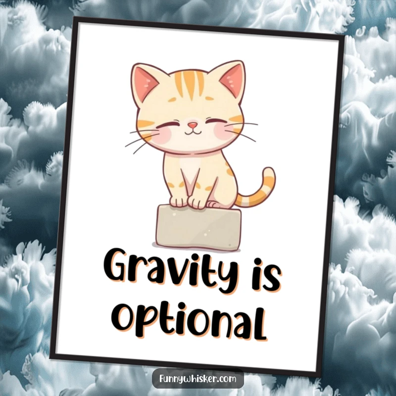 Funny Cat Digital Art Print of a cat character expertly balancing on a tiny ledge, using its whiskers for stability.