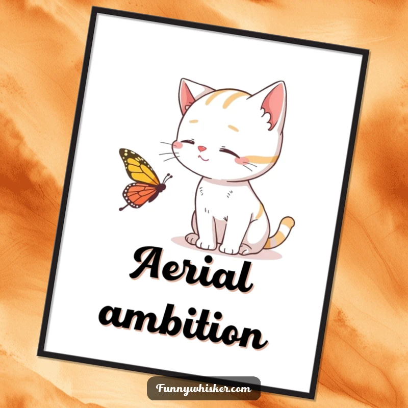 Funny Cat Digital Art showcasing a cat using whiskers to catch a butterfly, offering instant charm and humor, a perfect gift.