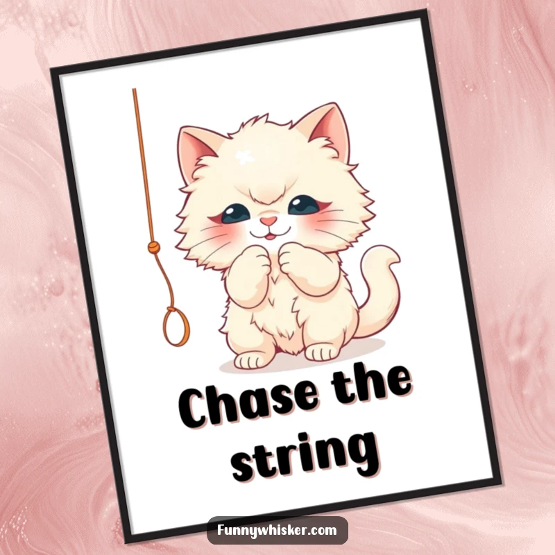 Funny digital art print of a fluffy cat character playfully batting a dangling string. Humorous and charming, perfect funny gift.