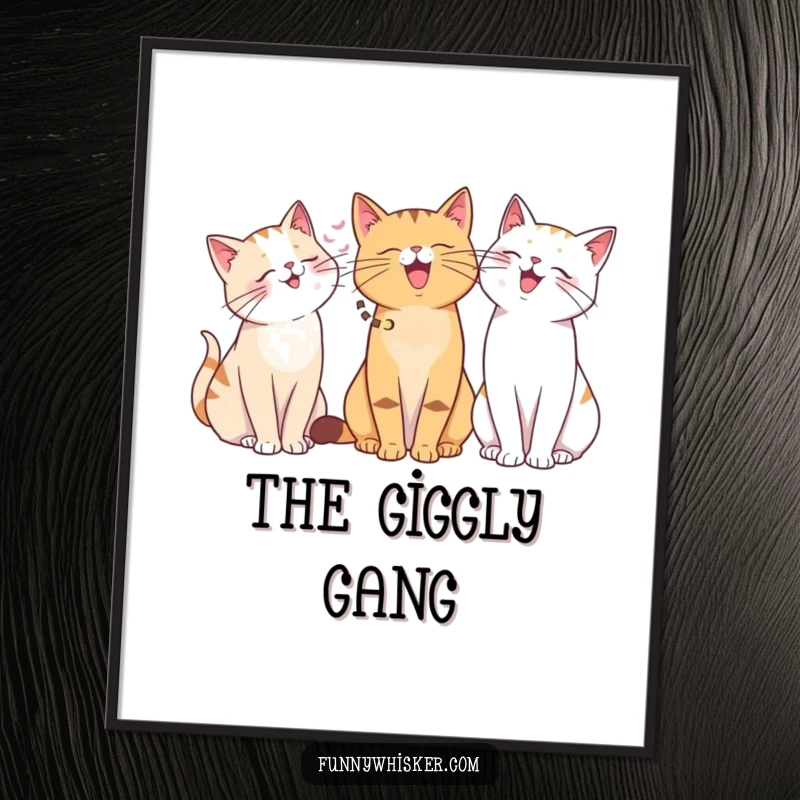 Funny digital art print of cats with various whisker lengths giggling together. Humorous and charming, perfect funny gift.