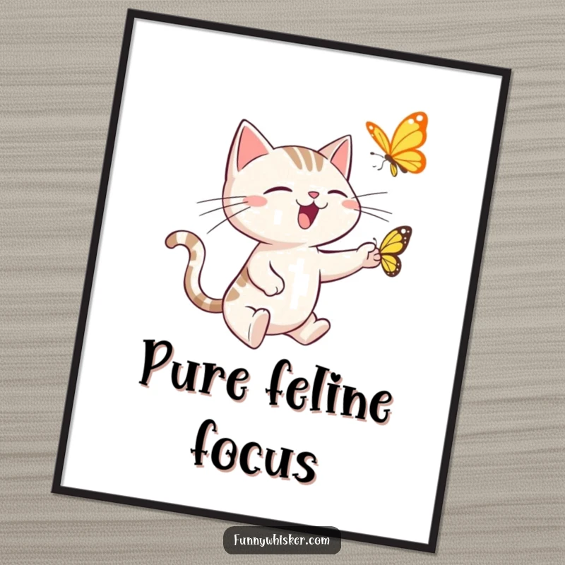 Funny digital art print of a spiky-whiskered cat leaping gleefully after a butterfly, a humorous and lively piece.
