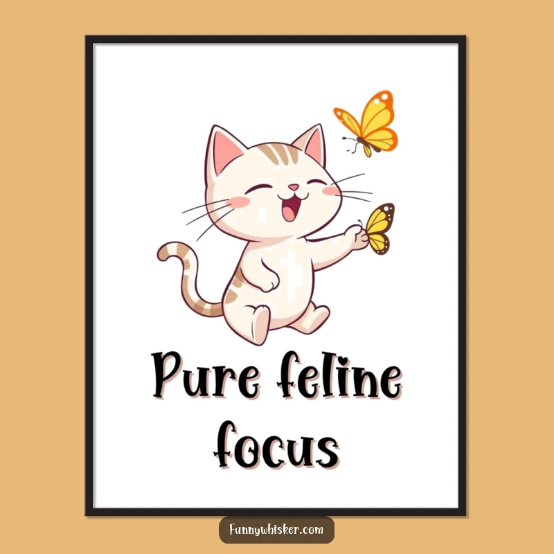 Funny Cat Digital Art: Spiky Whiskers Butterfly Chase Joyful Print