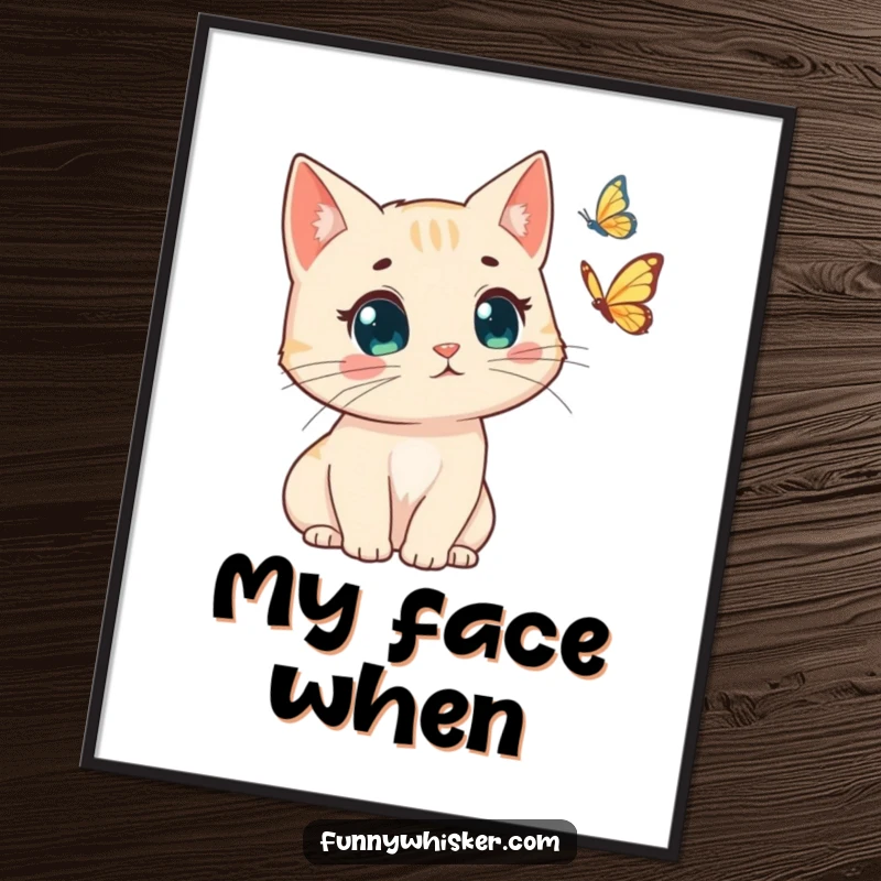 Funny digital art print, cat with windswept whiskers, surprised by a butterfly. Humorous and vibrant, perfect funny gift.