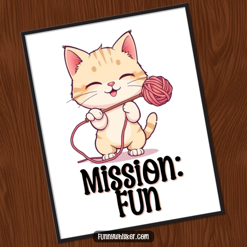 Funny Digital Art Print: A cat character energetically batting at a suspended, fuzzy ball of yarn.