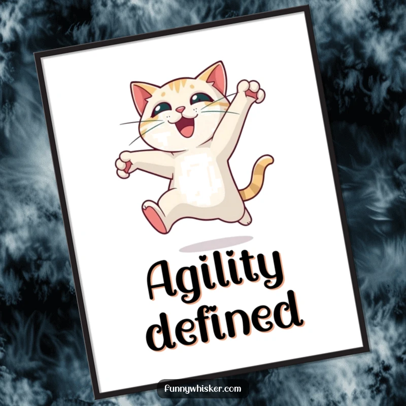 Funny cat digital art print of a character leaping with exhilarating motion, whiskers spread wide, capturing a moment of pure, dynamic fun.