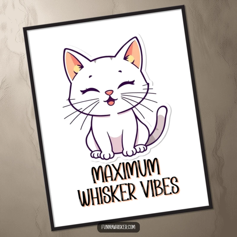 Funny cat silhouette digital art print with oversized, energetic whiskers, creating a modern and humorous feline-themed wall decor piece.