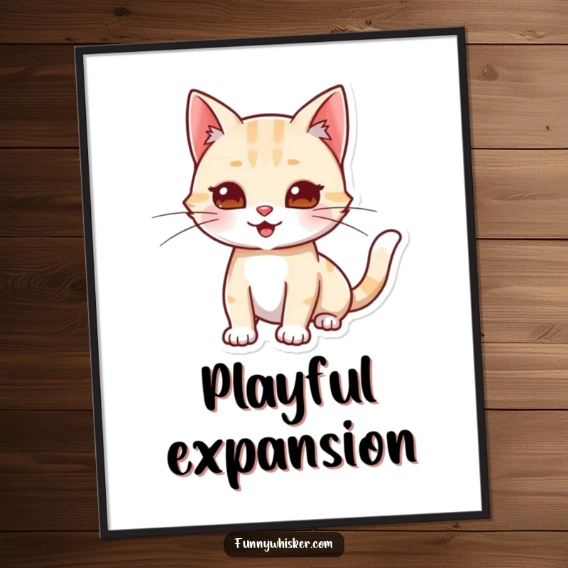 Funny digital art print of a cat character stretching and playfully extending its whiskers, perfect for wall decor.