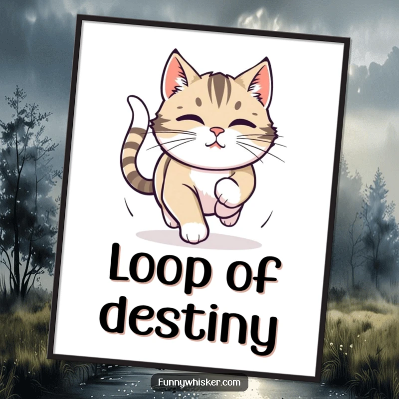 Funny digital art print capturing a cat in a focused tail-chase, whiskers twitching intensely, symbolizing playful determination.