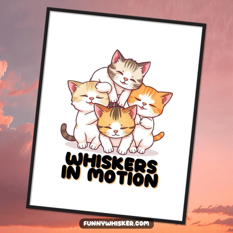 Funny digital art print of three cats tumbling in a chaotic whisker tangle, perfect for lively decor.