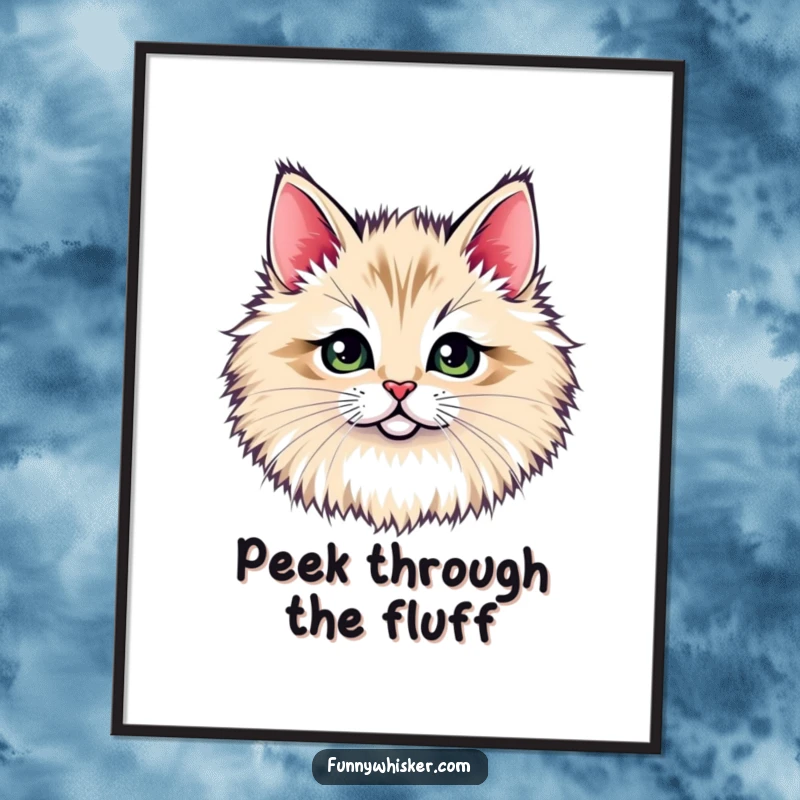 Funny digital art print: A tiny cat face peeking through a large, fluffy whisker tuft, embodying shy charm and humor, a funny gift.