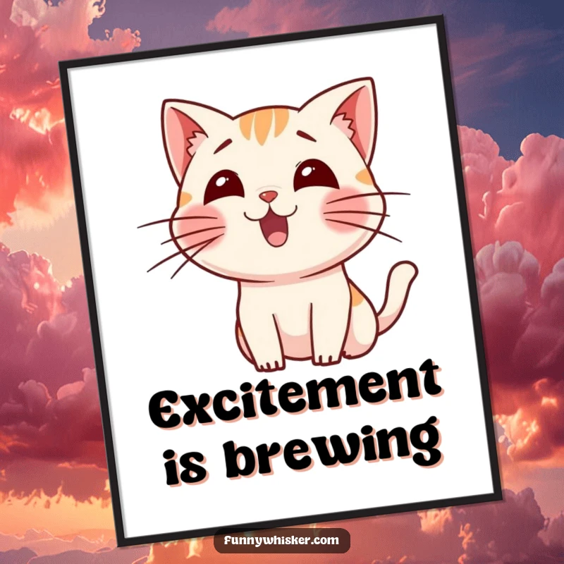 Funny digital art print of a small cat character wiggling its long whiskers with sheer excitement, perfect for wall decor.