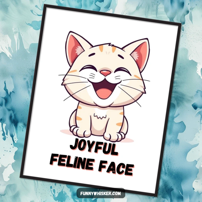 Funny digital art print of a cat with a wide, excited grin and twitching whiskers, creating a joyful and curious visual for home decor.