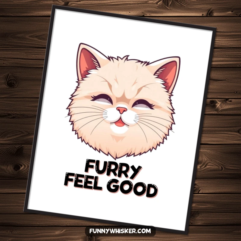 Funny fluffy cat head digital art print with exaggerated, wiggling whiskers, ready to bring adorable feline humor anywhere.