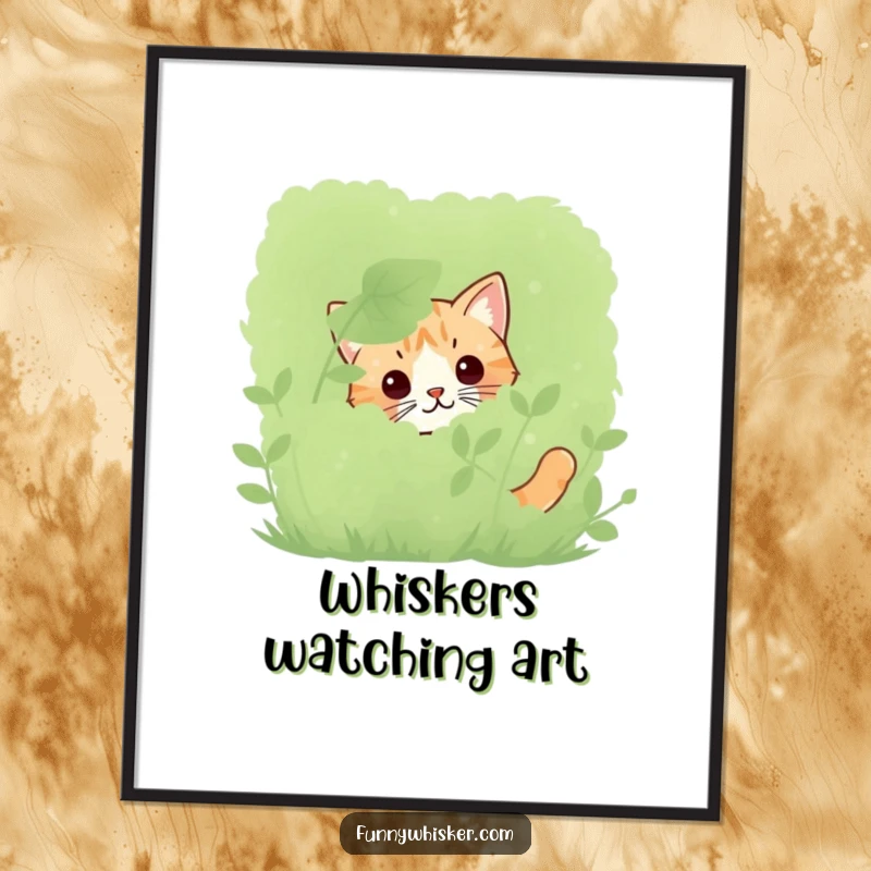Funny cat digital art print of only twitching whiskers peeking from behind a bush, ideal for instant, mysterious decor.