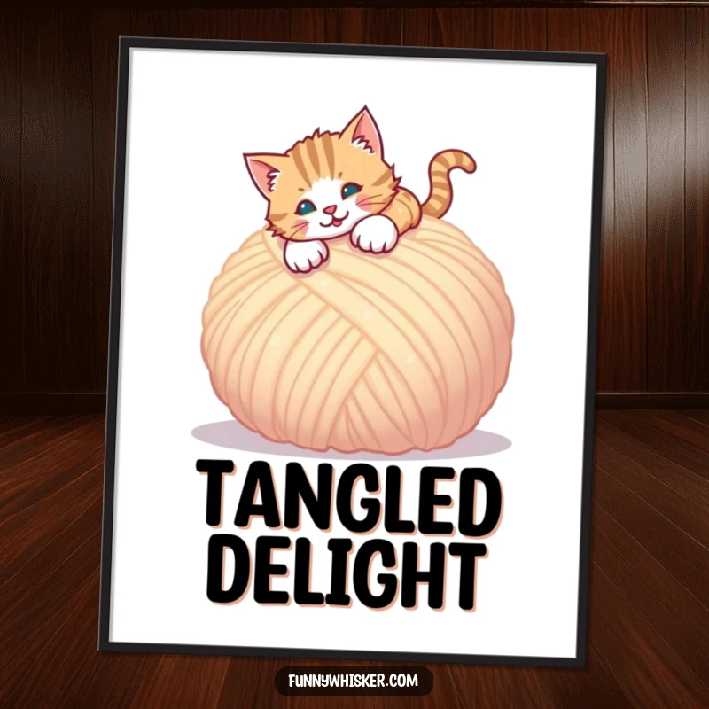 Funny digital art print of a cat energetically pouncing onto a giant, fluffy ball of yarn.