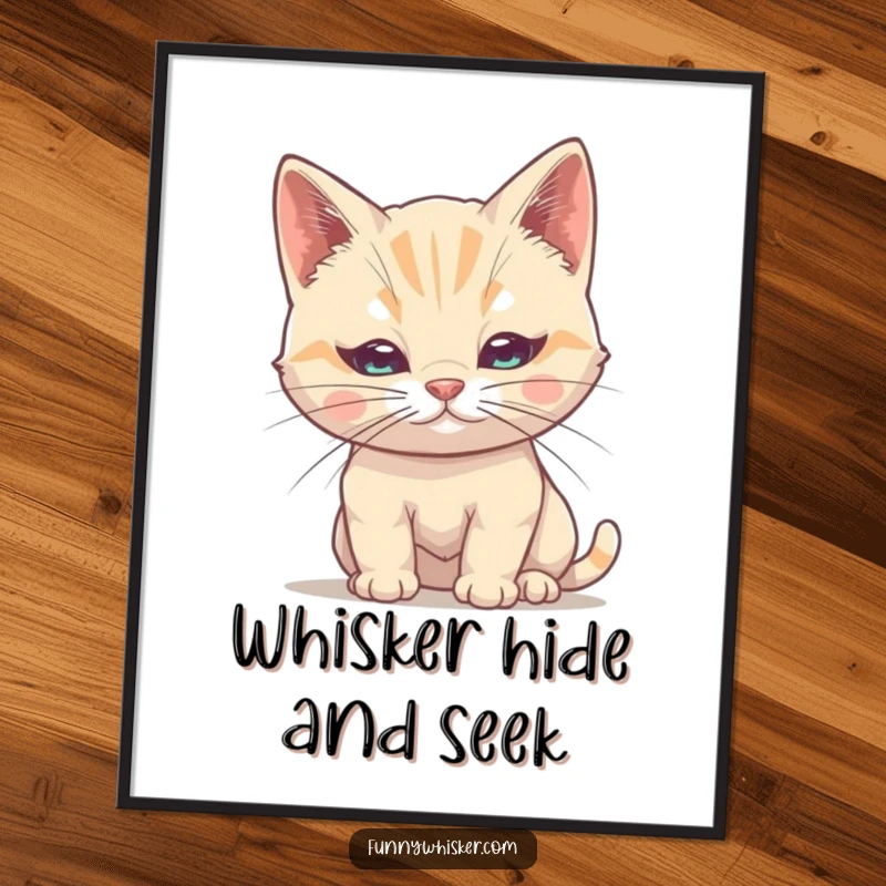 Funny Cat Digital Art Print: Shy cat attempts to hide behind its single, large whisker, humorous wall decor.