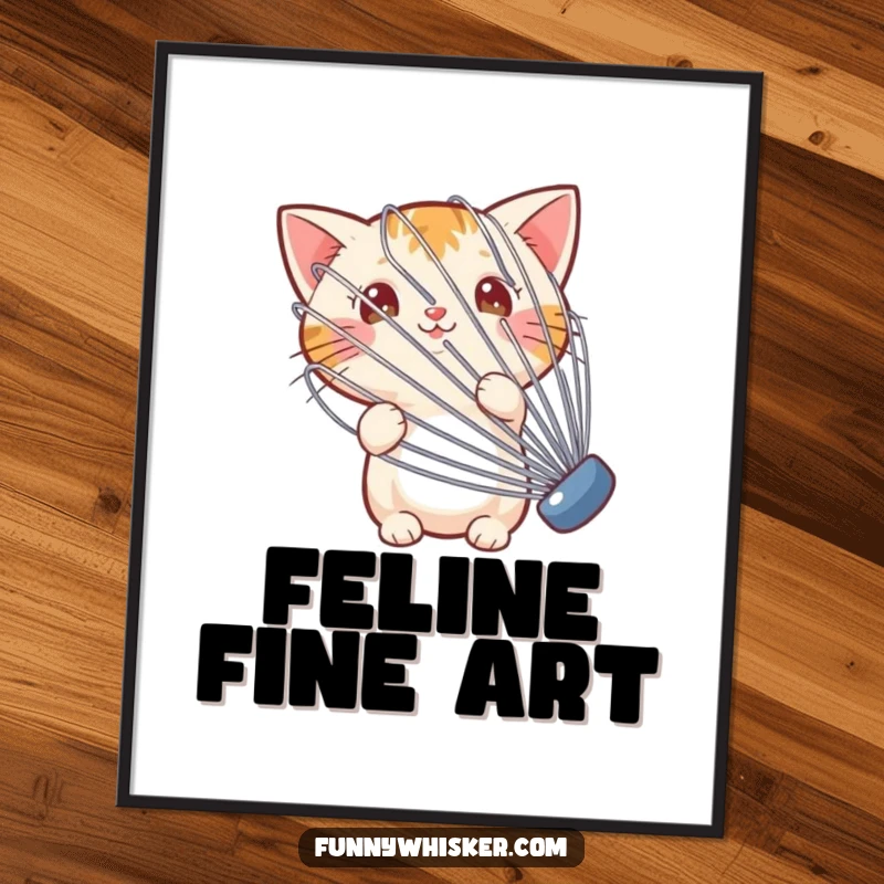 Funny digital art print of a cat hiding behind a large whisk, perfect for humorous wall decor.