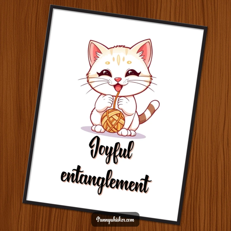 Funny digital art print of a kitten with big whiskers playing with a yarn ball, perfect for joyful decor.
