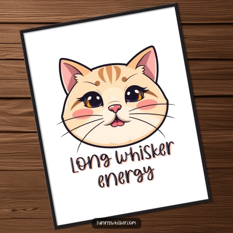 Funny cat digital art print of a simplified cat's head with exaggeratedly long, wiggly whiskers, offering instant humorous decor.