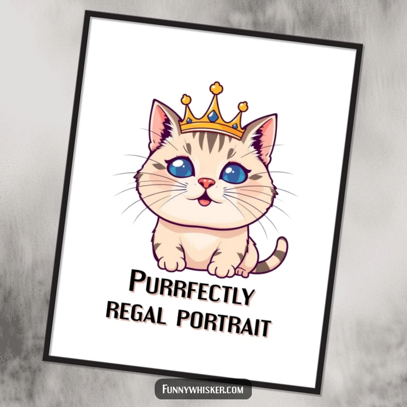 Funny digital art print of a majestic cat wearing a crown made of exaggerated whiskers, exuding silly regality.