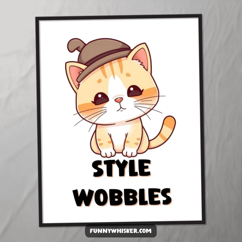 Funny cat digital art print of a character in a silly hat, tilting due to twitching whiskers, a whimsical and humorous wall decor piece.
