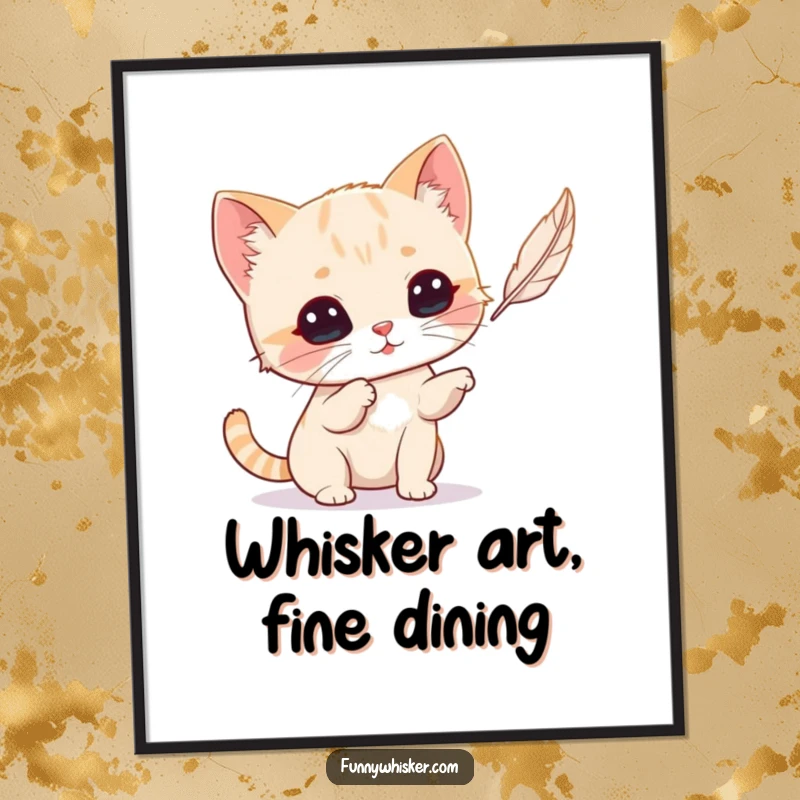 Funny Cat Digital Art Print: Tiny cat with oversized whiskers playfully batting a feather, instant humorous wall decor.